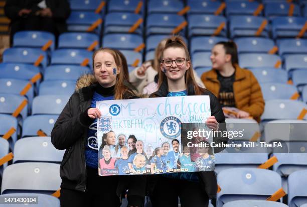 Chelsea fans pose for a photo prior to the FA Women's Continental Tyres League Cup Final match between Chelsea and Arsenal at Selhurst Park on March...
