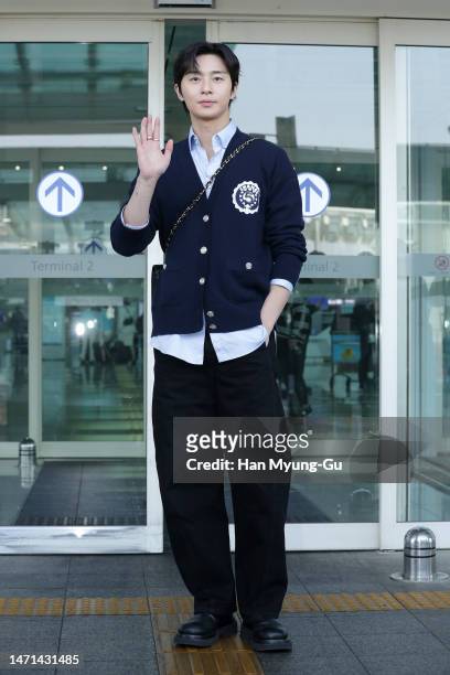 South Korean actor Park Seo-Jun is seen on departure at Incheon International Airport on March 05, 2023 in Incheon, South Korea.