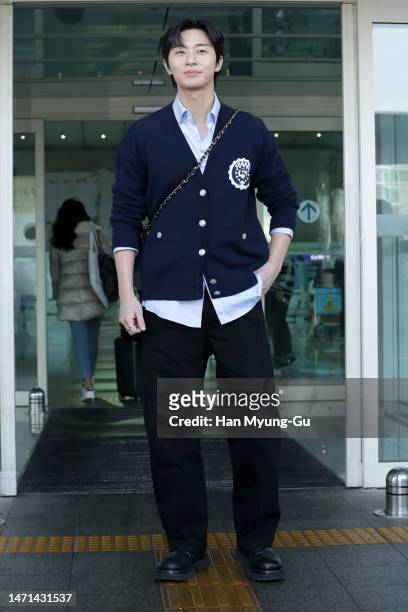 South Korean actor Park Seo-Jun is seen on departure at Incheon International Airport on March 05, 2023 in Incheon, South Korea.