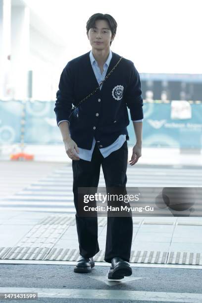 South Korean actor Park Seo-Jun is seen on departure at Incheon International Airport on March 05, 2023 in Incheon, South Korea.