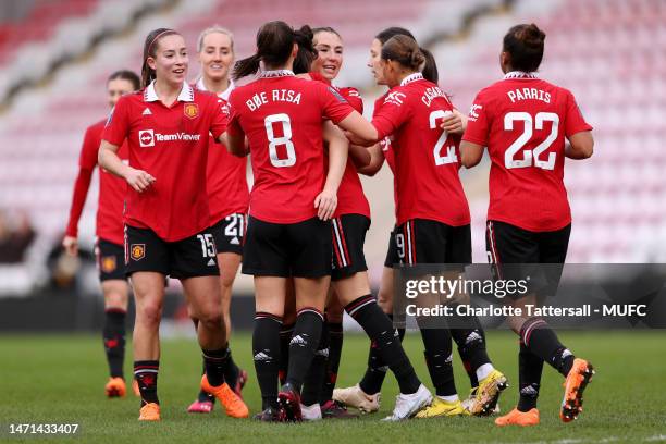 Lucia Garcia of Manchester United Women celebrates scoring their fifth goal≈ during the FA Women's Super League match between Manchester United and...