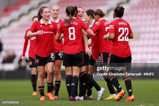 Lucia Garcia of Manchester United Women celebrates scoring their fifth goal≈ during the FA Women's Super League match between Manchester United and...