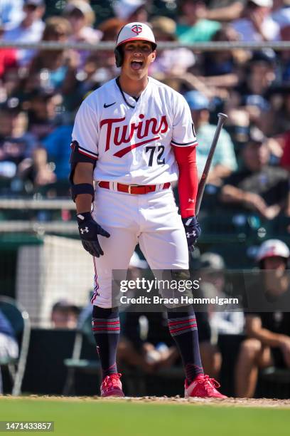 Brooks Lee of the Minnesota Twins looks on during a spring training game agains the Tampa Bay Rays on February 25, 2023 at the Hammond Stadium in...