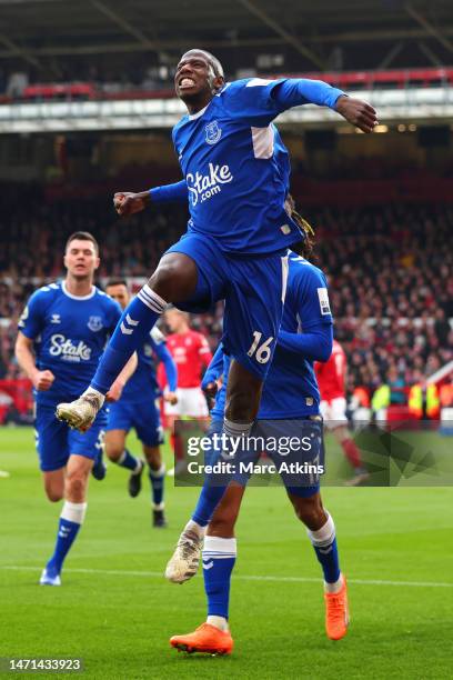 Abdoulaye Doucoure of Everton celebrates after scoring the team's second goal during the Premier League match between Nottingham Forest and Everton...