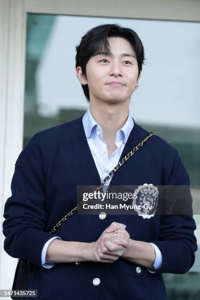 South Korean actor Park Seo-Jun is seen on departure at Incheon International Airport on March 05, 2023 in Incheon, South Korea.