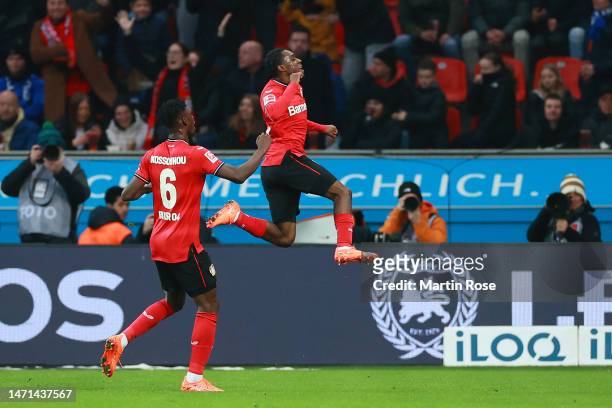 Jeremie Frimpong of Bayer 04 Leverkusen celebrates after scoring the team's second goal during the Bundesliga match between Bayer 04 Leverkusen and...