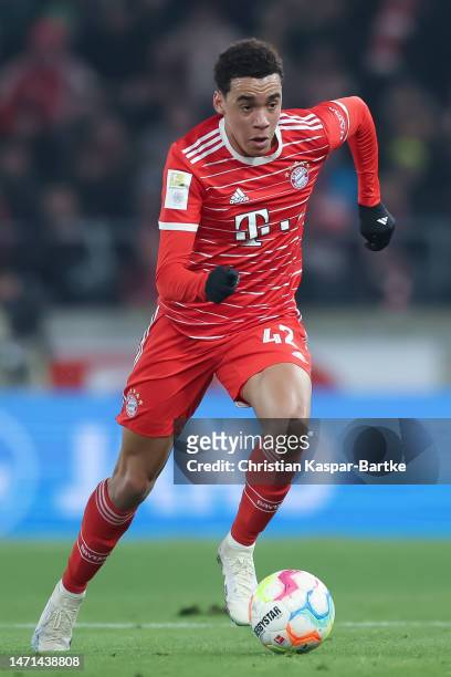 Jamal Musiala of FC Bayern München in action during the Bundesliga match between VfB Stuttgart and FC Bayern München at Mercedes-Benz Arena on March...