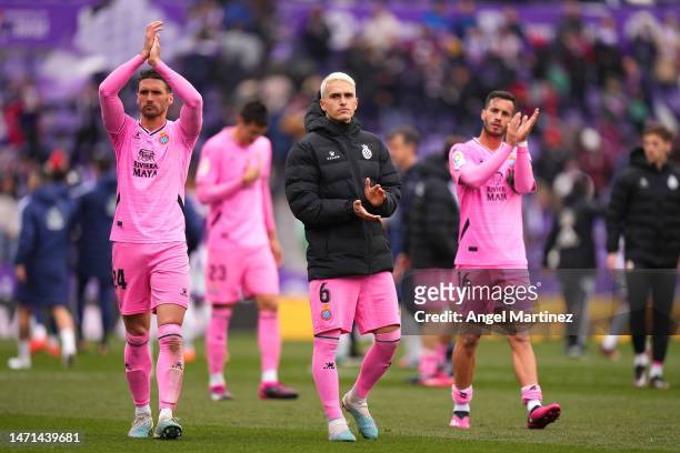 Sergi Gomez, Denis Suarez and Jose Carlos Lazo of RCD Espanyol applaud the fans during the LaLiga Santander match between Real Valladolid CF and RCD...