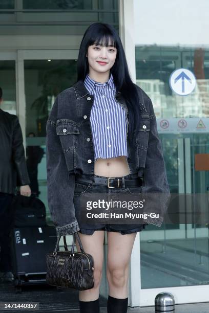Minnie aka Nicha Yontararak of girl group I-DLE is seen on departure at Incheon International Airport on March 05, 2023 in Incheon, South Korea.