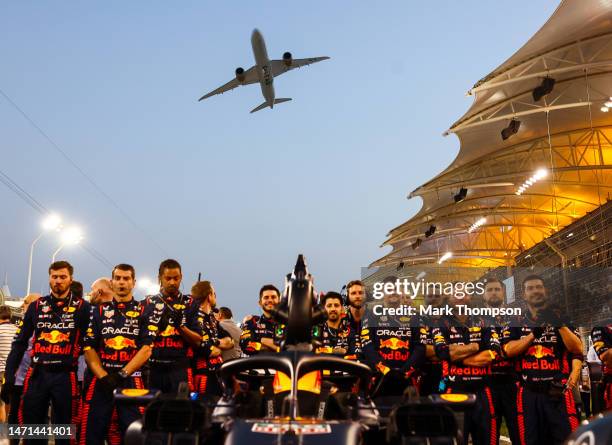Gulf Air aerial display is pictured over the car of Max Verstappen of the Netherlands and Oracle Red Bull Racing on the grid during the F1 Grand Prix...