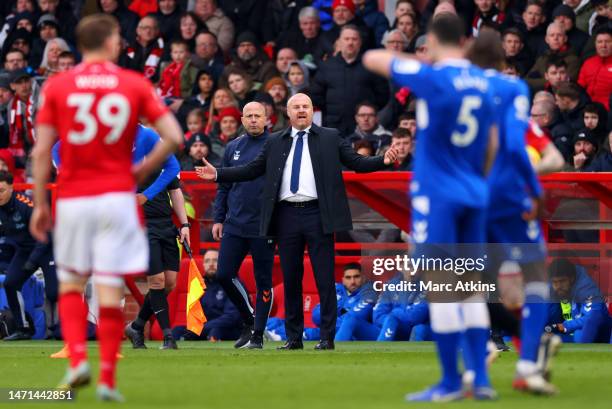 Sean Dyche, Manager of Everton reacts during the Premier League match between Nottingham Forest and Everton FC at City Ground on March 05, 2023 in...