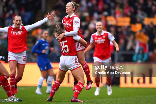 Kim Little of Arsenal celebrates with teammate Katie McCabe after scoring the team's second goal during the FA Women's Continental Tyres League Cup...
