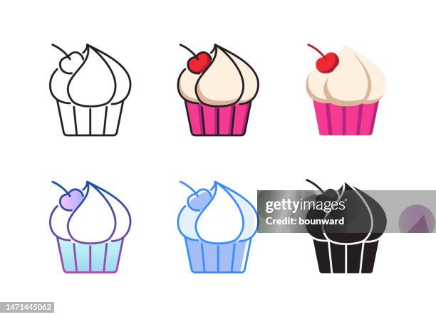 cupcake icon. 6 different styles. editable stroke. - baking muffins stock illustrations