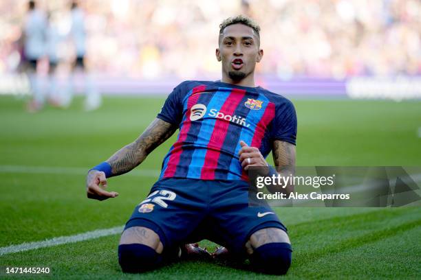 Raphinha of FC Barcelona celebrates after scoring the team's first goal during the LaLiga Santander match between FC Barcelona and Valencia CF at...