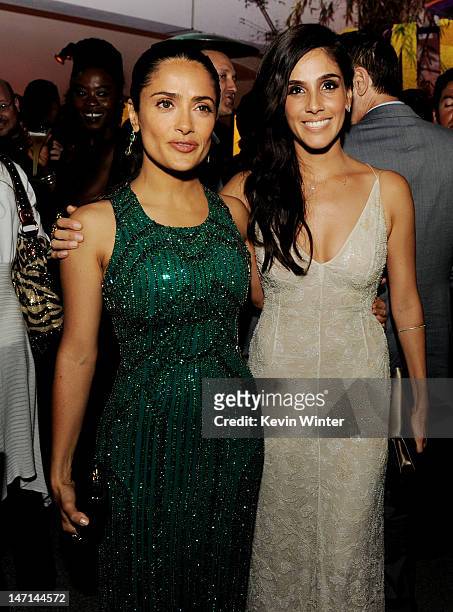 Actors Salma Hayek and Sandra Echeverria pose at the after party for the premiere of Universal Pictures' "Savages" at the Armand Hammer Museum on...
