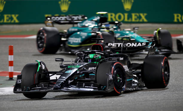 F1 Grand Prix of BahrainBAHRAIN, BAHRAIN - MARCH 05: George Russell of Great Britain driving the (63) Mercedes AMG Petronas F1 Team W14 leads Fernando Alonso of Spain driving the (14) Aston Martin AMR23 Mercedes§ during the F1 Grand Prix of Bahrain at Bahrain International Circuit on March 05, 2023 in Bahrain, Bahrain. Formula 1