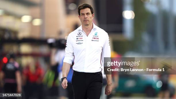 Mercedes GP Executive Director Toto Wolff looks on during the F1 Grand Prix of Bahrain at Bahrain International Circuit on March 05, 2023 in Bahrain,...