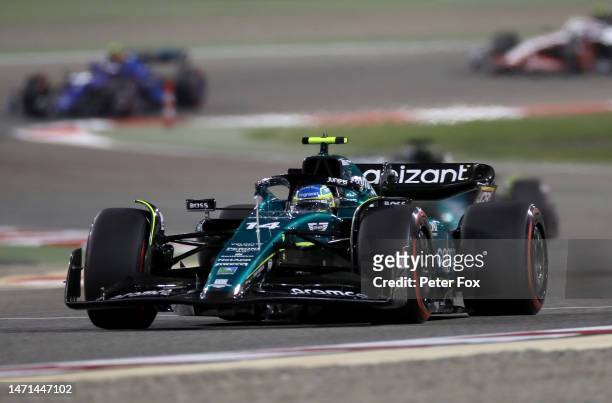 Fernando Alonso of Spain driving the Aston Martin AMR23 Mercedes on track during the F1 Grand Prix of Bahrain at Bahrain International Circuit on...
