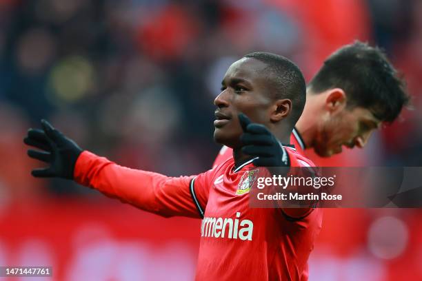 Moussa Diaby of Bayer 04 Leverkusen celebrates after scoring the team's third goal during the Bundesliga match between Bayer 04 Leverkusen and Hertha...