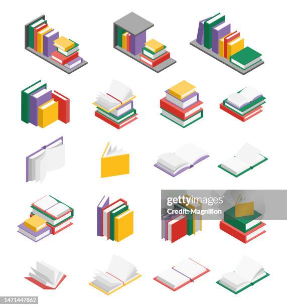 ilustraciones, imágenes clip art, dibujos animados e iconos de stock de libros con marcadores y libros en estanterías, pilas de libros - vertical