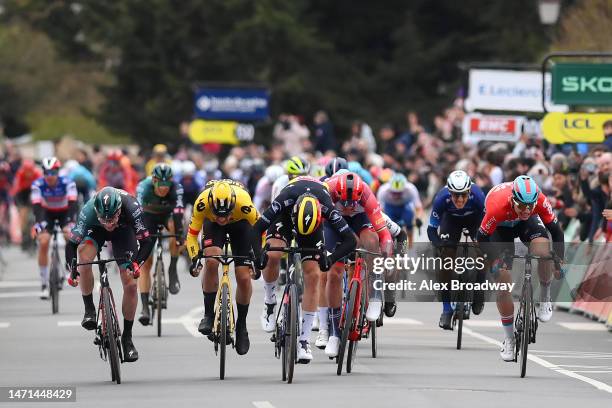 Tim Merlier of Belgium and Team Soudal Quick-Step, Sam Bennett of Ireland and Team BORA - Hansgrohe, Mads Pedersen of Denmark and Team...