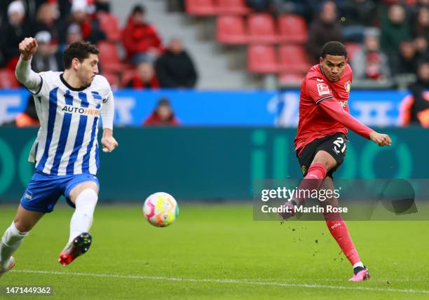 Amine Adli of Bayer 04 Leverkusen scores the team's fourth goal during the Bundesliga match between Bayer 04 Leverkusen and Hertha BSC at BayArena on...