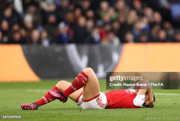 Katie McCabe of Arsenal goes down injured during the FA Women's Continental Tyres League Cup Final match between Chelsea and Arsenal at Selhurst Park...