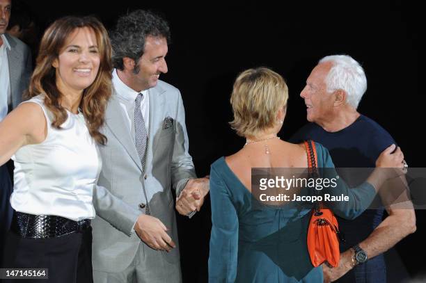 Roberta Armani, Paolo Sorrentino and Giorgio Armani attend the Giorgio Armani show as part of Milan Fashion Week Menswear Spring/Summer 2013 on June...