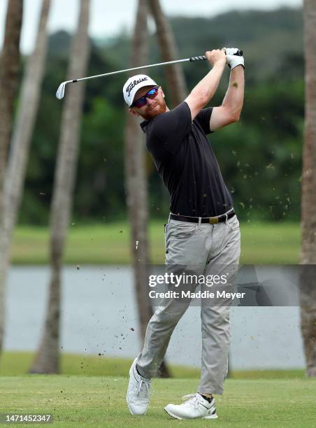 Anders Albertson of the United States hits his first shot on the 3rd hole during the final round of the Puerto Rico Open at Grand Reserve Golf Club...
