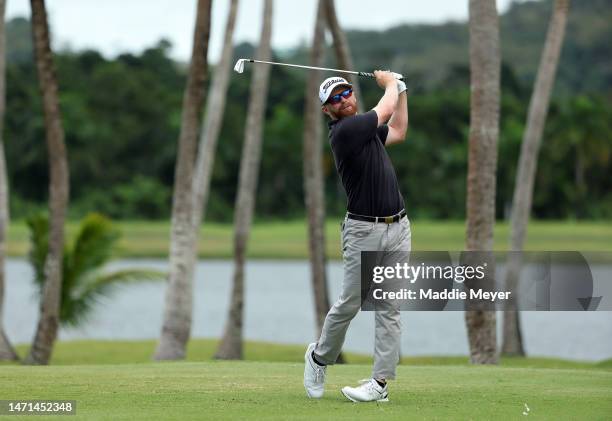 Anders Albertson of the United States hits his first shot on the 3rd hole during the final round of the Puerto Rico Open at Grand Reserve Golf Club...