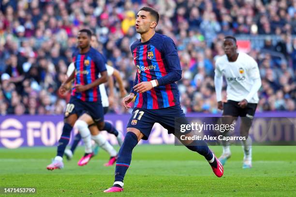 Ferran Torres of FC Barcelona reacts after missing a penalty during the LaLiga Santander match between FC Barcelona and Valencia CF at Spotify Camp...