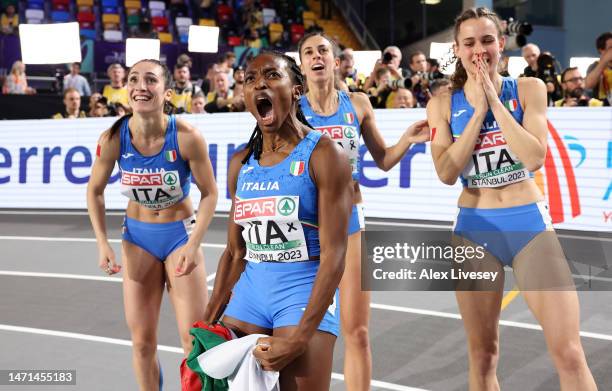 Team Italy celebrate after finishing second in the Women's 4 x 400m Relay Final during Day 3 of the European Athletics Indoor Championships at the...