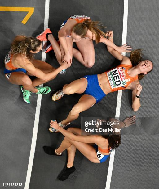 Femke Bol of the Netherlands celebrates after winning the Women's 4 x 400m Relay Final during Day 3 of the European Athletics Indoor Championships at...