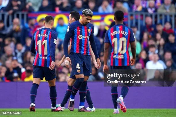 Ronald Araujo of FC Barcelona leaves the pitch after receiving a red card from Referee, Javier Alberola Rojas during the LaLiga Santander match...
