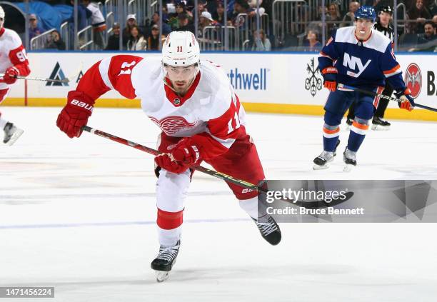 Filip Zadina of the Detroit Red Wings skates against the New York Islanders at the UBS Arena on March 04, 2023 in Elmont, New York.