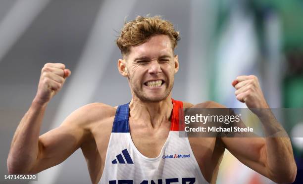 Kevin Mayer of France celebrates after winning the Men's 1000m Heptathlon Final during Day 3 of the European Athletics Indoor Championships at the...