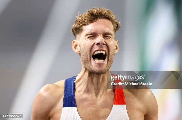 Kevin Mayer of France celebrates after winning the Men's Heptathlon Final during Day 3 of the European Athletics Indoor Championships at the Atakoy...