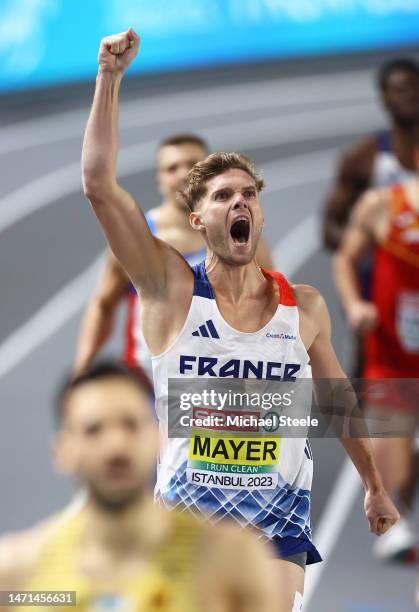 Kevin Mayer of France celebrates after winning the Men's Heptathlon Final during Day 3 of the European Athletics Indoor Championships at the Atakoy...