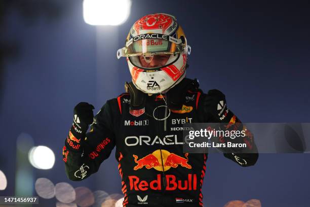 Race winner Max Verstappen of the Netherlands and Oracle Red Bull Racing celebrates in parc ferme during the F1 Grand Prix of Bahrain at Bahrain...