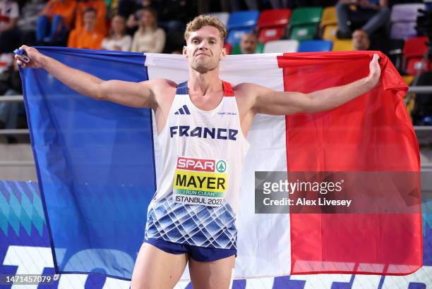 Kevin Mayer of France celebrates after winning the Men's Heptathlon Final during Day 3 of the European Athletics Indoor Championships at the Atakoy...