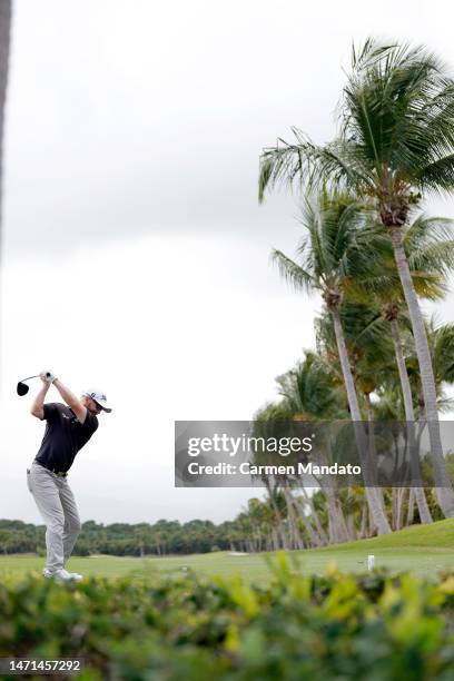 Anders Albertson of the United States hits his first shot on the 2nd hole during the final round of the Puerto Rico Open at Grand Reserve Golf Club...
