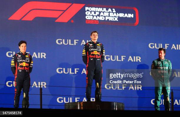 Race winner Max Verstappen of the Netherlands and Oracle Red Bull Racing , Second placed Sergio Perez of Mexico and Oracle Red Bull Racing and Third...