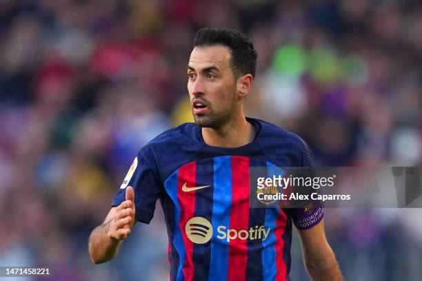Sergio Busquets of FC Barcelona wears a special captains armband for International Women's Day during the LaLiga Santander match between FC Barcelona...