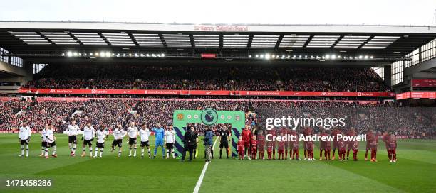 Two Teams Line-Up during the Premier League match between Liverpool FC and Manchester United at Anfield on March 05, 2023 in Liverpool, England.