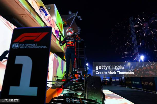 Race winner Max Verstappen of the Netherlands and Oracle Red Bull Racing celebrates in parc ferme during the F1 Grand Prix of Bahrain at Bahrain...