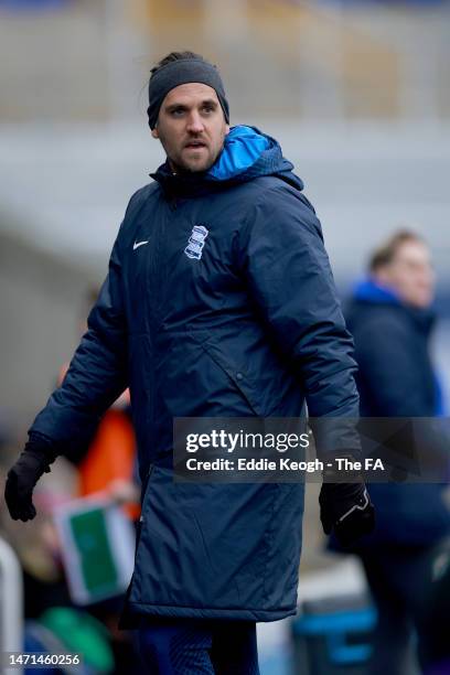 Darren Carter, Manager of Birmingham City, looks on during the Barclays FA Women's Championship match between Birmingham City and Blackburn Ladies at...