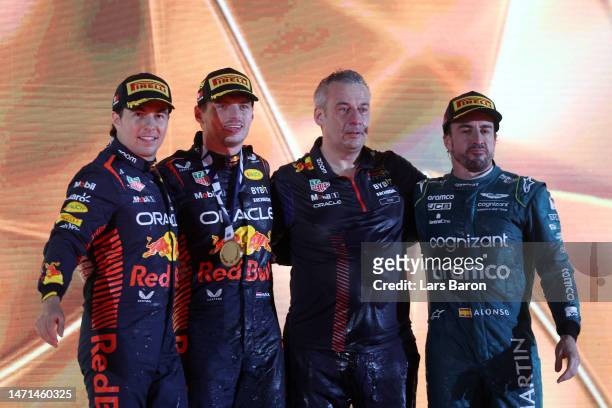 Race winner Max Verstappen of the Netherlands and Oracle Red Bull Racing , Second placed Sergio Perez of Mexico and Oracle Red Bull Racing and Third...