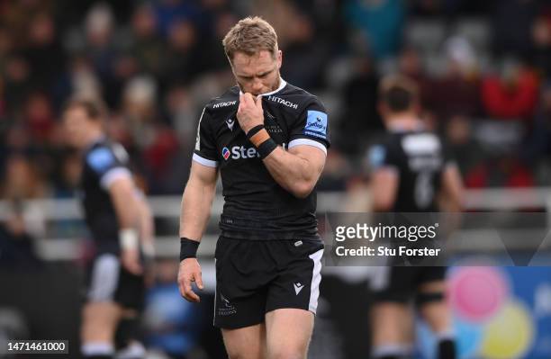 Alex Tait of the Falcons reacts during the Gallagher Premiership Rugby match between Newcastle Falcons and London Irish at Kingston Park on March 05,...