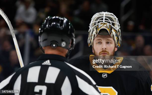 Linus Ullmark of the Boston Bruins tends goal against the New York Rangers during the second period at the TD Garden on March 4, 2023 in Boston,...