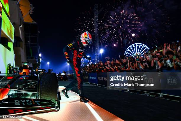 Race winner Max Verstappen of the Netherlands and Oracle Red Bull Racing celebrates in parc ferme during the F1 Grand Prix of Bahrain at Bahrain...